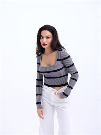 42221 TRİKO ÇİZGİLİ FİTİLLİ CROP-GRİ-SİYAH