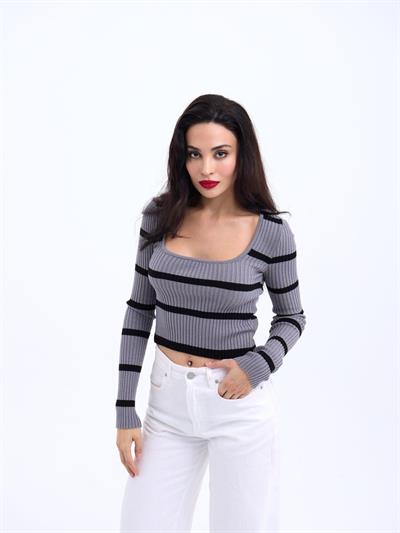 42221 TRİKO ÇİZGİLİ FİTİLLİ CROP-GRİ-SİYAH