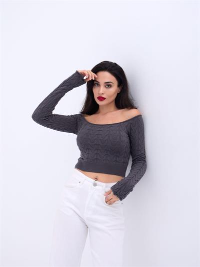 42241 TRİKO KAYIK YAKA CROP-ANTRASİT