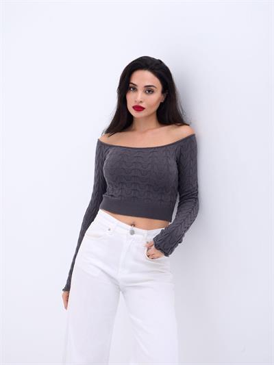 42241 TRİKO KAYIK YAKA CROP-ANTRASİT