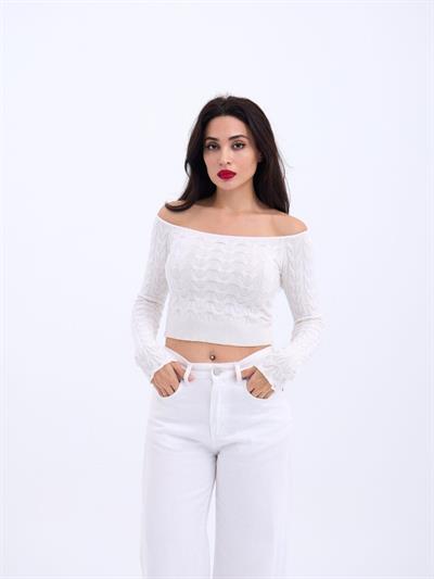 42241 TRİKO KAYIK YAKA CROP-EKRU