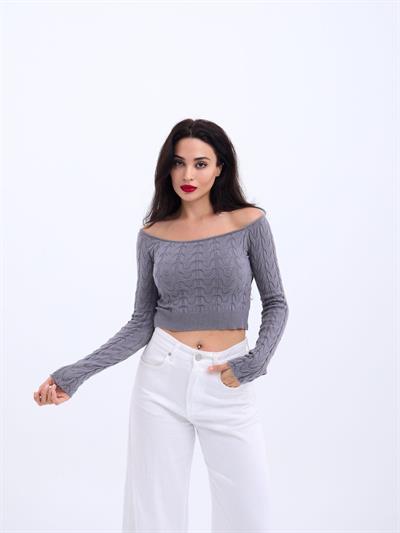 42241 TRİKO KAYIK YAKA CROP-GRİ