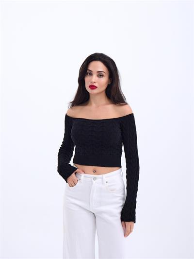 42241 TRİKO KAYIK YAKA CROP-SİYAH