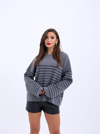 42351 TRİKO SIFIR YAKA ÇİZGİLİ SALAŞ-GRİ-SİYAH