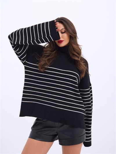 42361 TRİKO BALIKÇI YAKA ÇİZGİLİ SALAŞ-SİYAH-EKRU