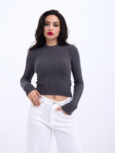 42491 TRİKO SAÇ ÖRGÜ CROP KAZAK-ANTRASİT