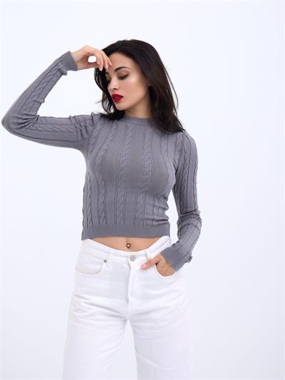 42491 TRİKO SAÇ ÖRGÜ CROP KAZAK-GRİ