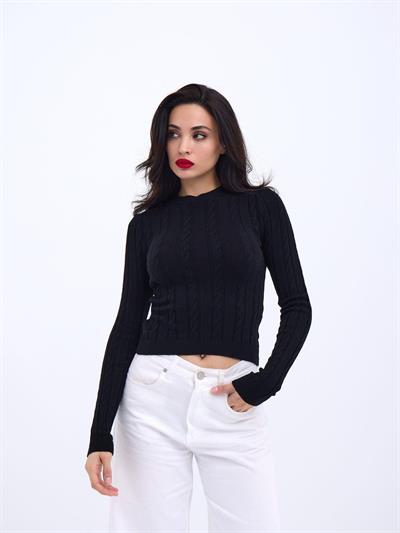 42491 TRİKO SAÇ ÖRGÜ CROP KAZAK-SİYAH