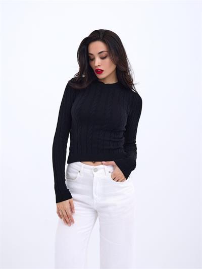 42491 TRİKO SAÇ ÖRGÜ CROP KAZAK-SİYAH