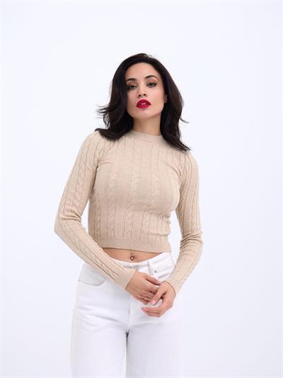 42491 TRİKO SAÇ ÖRGÜ CROP KAZAK-VİZON