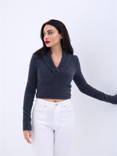 42531 TRİKO SİMLİ YAKALI CROP-ANTRASİT