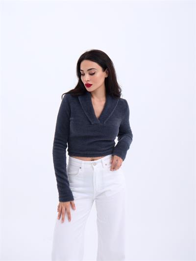 42531 TRİKO SİMLİ YAKALI CROP-ANTRASİT