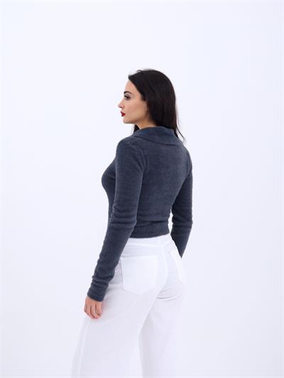 42531 TRİKO SİMLİ YAKALI CROP-ANTRASİT