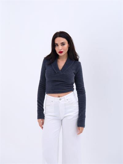 42531 TRİKO SİMLİ YAKALI CROP-ANTRASİT