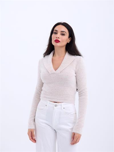 42531 TRİKO SİMLİ YAKALI CROP-EKRU