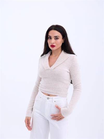 42531 TRİKO SİMLİ YAKALI CROP-EKRU