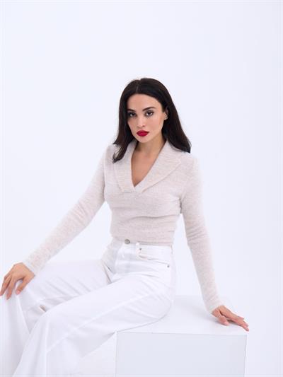 42531 TRİKO SİMLİ YAKALI CROP-EKRU