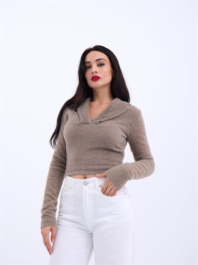 42531 TRİKO SİMLİ YAKALI CROP-KAHVE