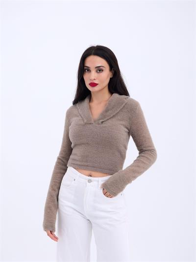 42531 TRİKO SİMLİ YAKALI CROP-KAHVE