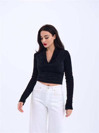 42531 TRİKO SİMLİ YAKALI CROP-SİYAH