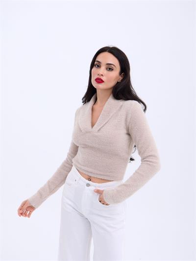 42531 TRİKO SİMLİ YAKALI CROP-TAŞ