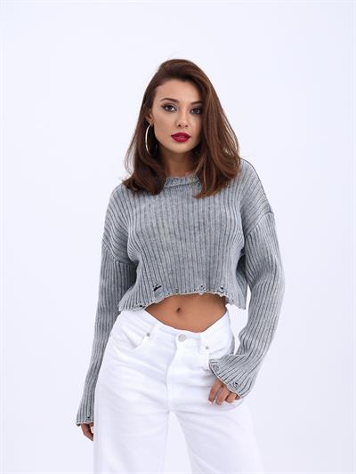 43191 TRİKO CROP KAZAK-GRİ