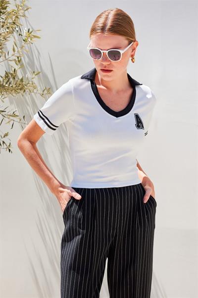 4320 Polo Yaka Basic Triko Bluz - Beyaz