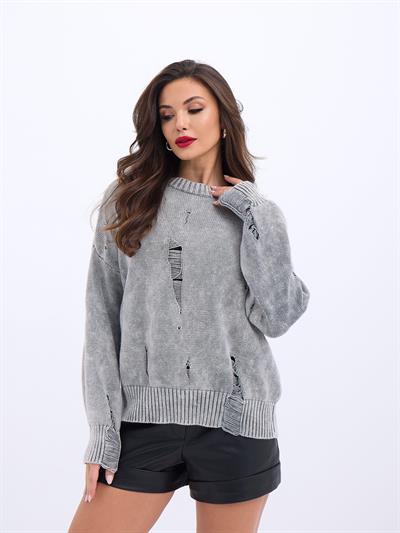 43201 TRİKO YIRTIKLI SALAŞ KAZAK-GRİ