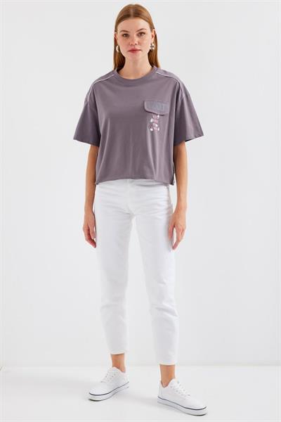 4321 Cep Detaylı Oversize Tişört - Gri