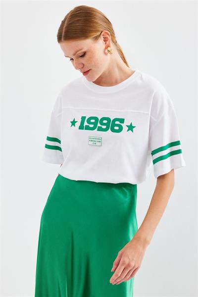 4322 Baskılı Oversize Basic Tişört - Beyaz