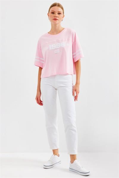 4322 Baskılı Oversize Basic Tişört - Pembe
