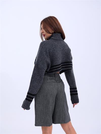 43241 TRİKO ÇİZGİLİ BALIKÇI CROP-ANTRASİT-SİYAH