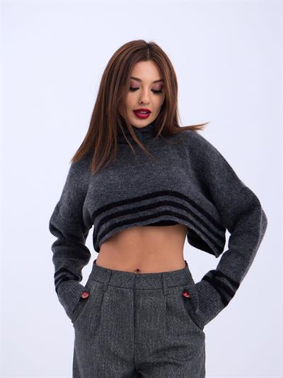 43241 TRİKO ÇİZGİLİ BALIKÇI CROP-ANTRASİT-SİYAH