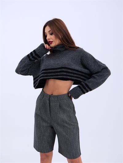 43241 TRİKO ÇİZGİLİ BALIKÇI CROP-ANTRASİT-SİYAH