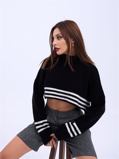 43241 TRİKO ÇİZGİLİ BALIKÇI CROP-SİYAH-EKRU