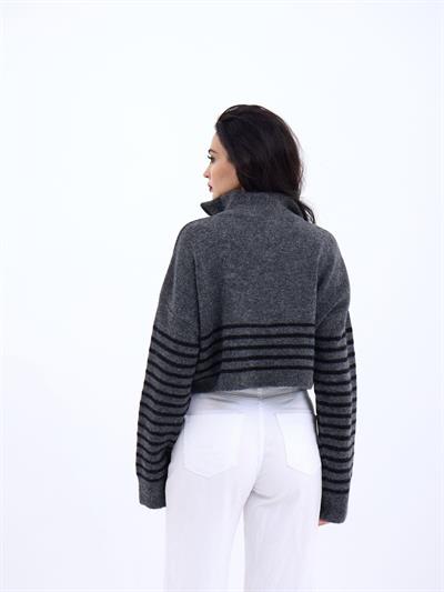 43311 TRİKO ÇİZGİLİ FERMUARLI CROP-ANTRASİT-SİYAH