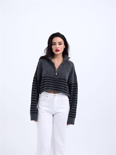 43311 TRİKO ÇİZGİLİ FERMUARLI CROP-ANTRASİT-SİYAH
