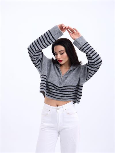 43311 TRİKO ÇİZGİLİ FERMUARLI CROP-GRİ-SİYAH