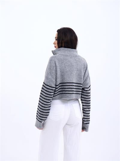 43311 TRİKO ÇİZGİLİ FERMUARLI CROP-GRİ-SİYAH