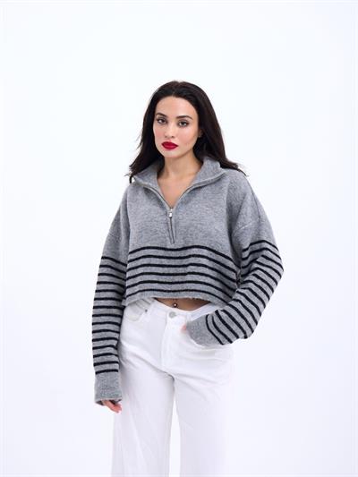 43311 TRİKO ÇİZGİLİ FERMUARLI CROP-GRİ-SİYAH