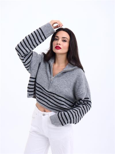 43311 TRİKO ÇİZGİLİ FERMUARLI CROP-GRİ-SİYAH