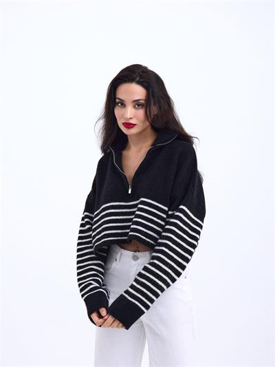 43311 TRİKO ÇİZGİLİ FERMUARLI CROP-SİYAH-EKRU