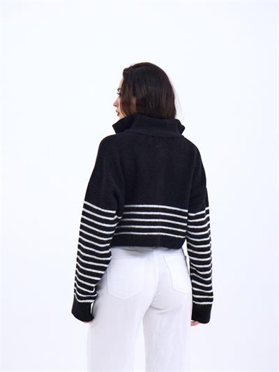 43311 TRİKO ÇİZGİLİ FERMUARLI CROP-SİYAH-EKRU