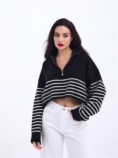 43311 TRİKO ÇİZGİLİ FERMUARLI CROP-SİYAH-EKRU
