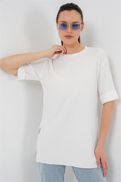 4332 Yanı Yırtmaçlı Örme Tişört - Beyaz