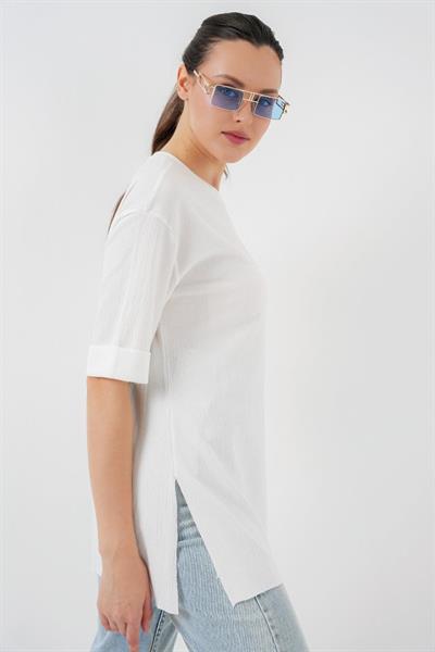 4332 Yanı Yırtmaçlı Örme Tişört - Beyaz