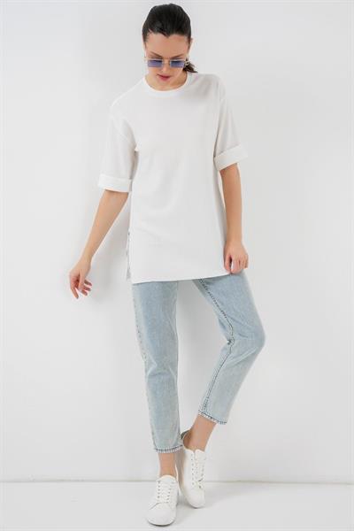 4332 Yanı Yırtmaçlı Örme Tişört - Beyaz