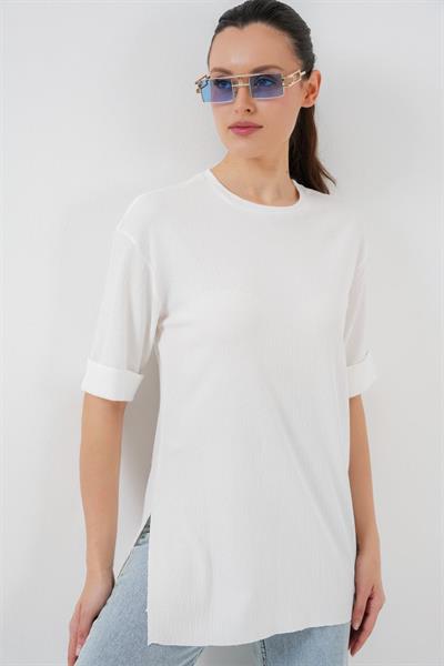 4332 Yanı Yırtmaçlı Örme Tişört - Beyaz