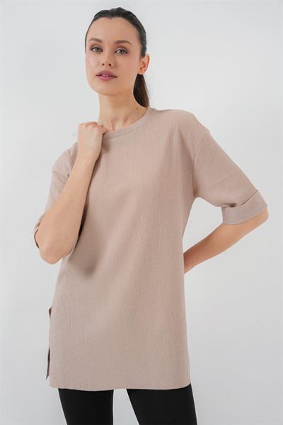 4332 Yanı Yırtmaçlı Örme Tişört - Bisküvi