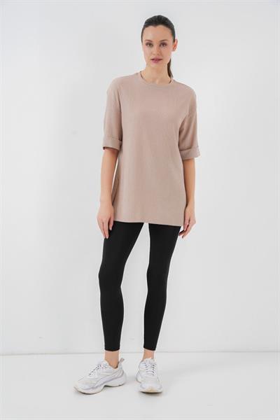 4332 Yanı Yırtmaçlı Örme Tişört - Bisküvi